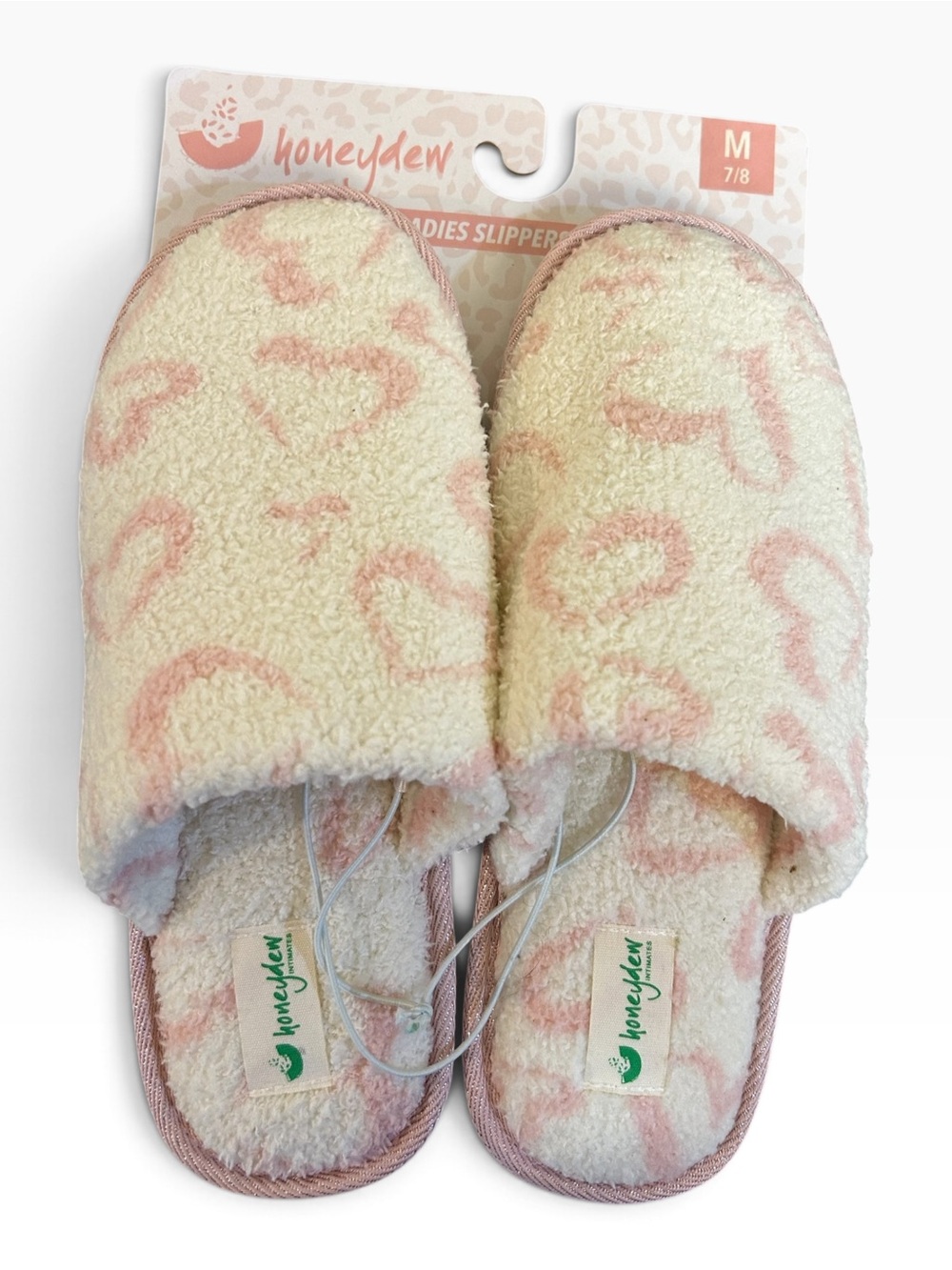 Honeydew Intimates Cream and Pink Heart Plush Slip-On Slippers Medium 7/8
